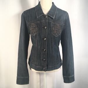CODE BLEU | Denim Jean Jacket Embroidered Front Pockets side slit pockets Sz M